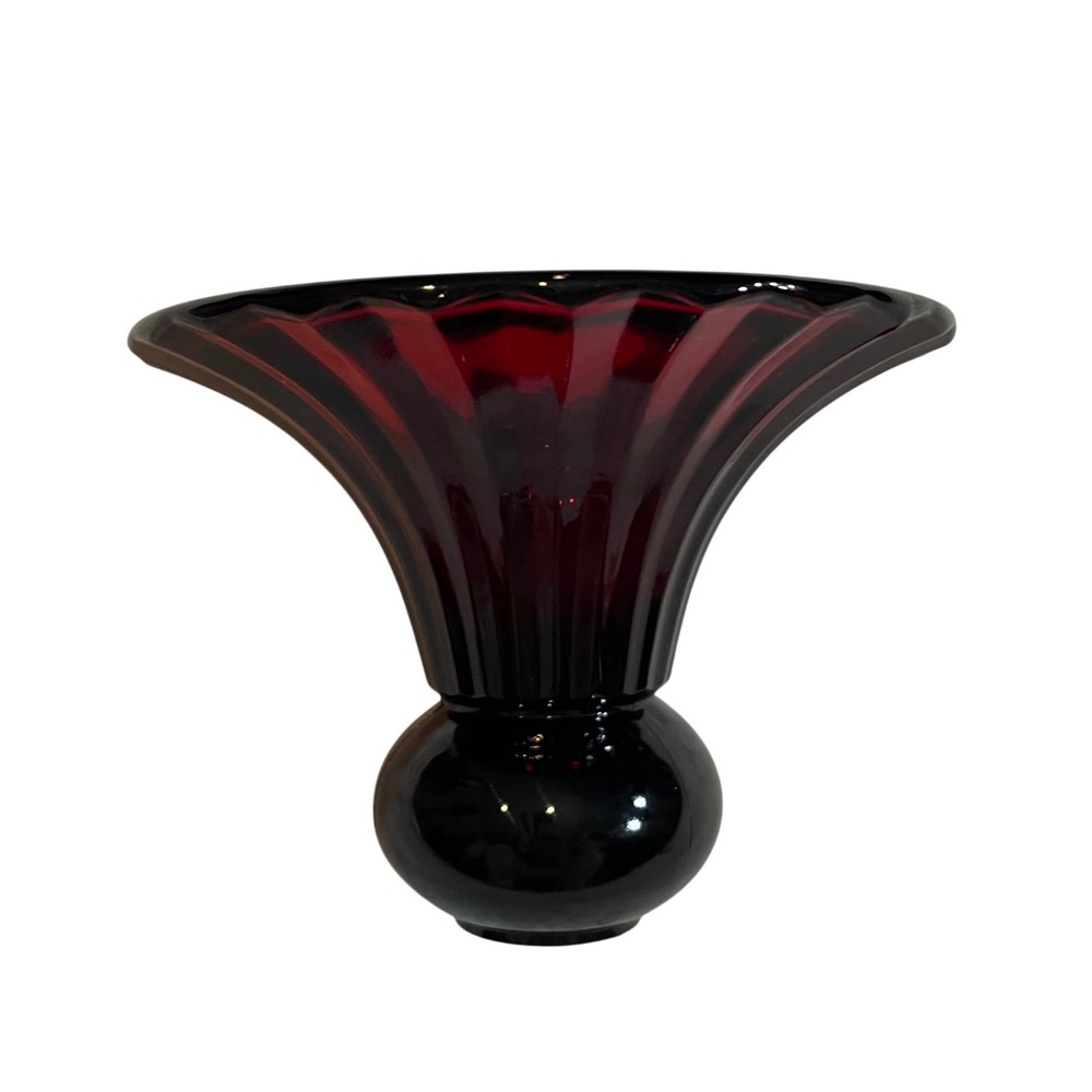 VTG Ruby Red Ribbed Glass Trumpet Vase Flared Rim Bulbous Base 1930s Art Deco - Picture 2 of 5